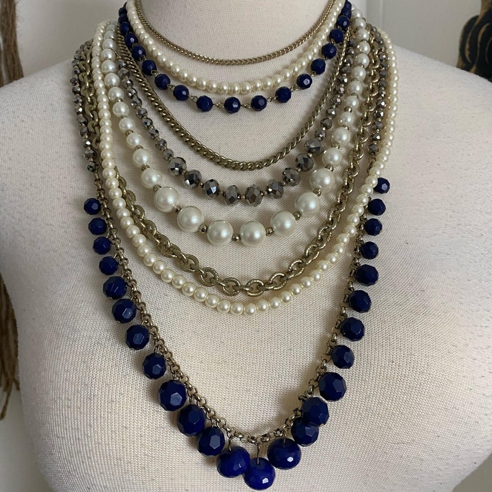 Offer?  AnnTaylor modern glamorous multi strand necklace chain pearl bold blue - Picture 5 of 10